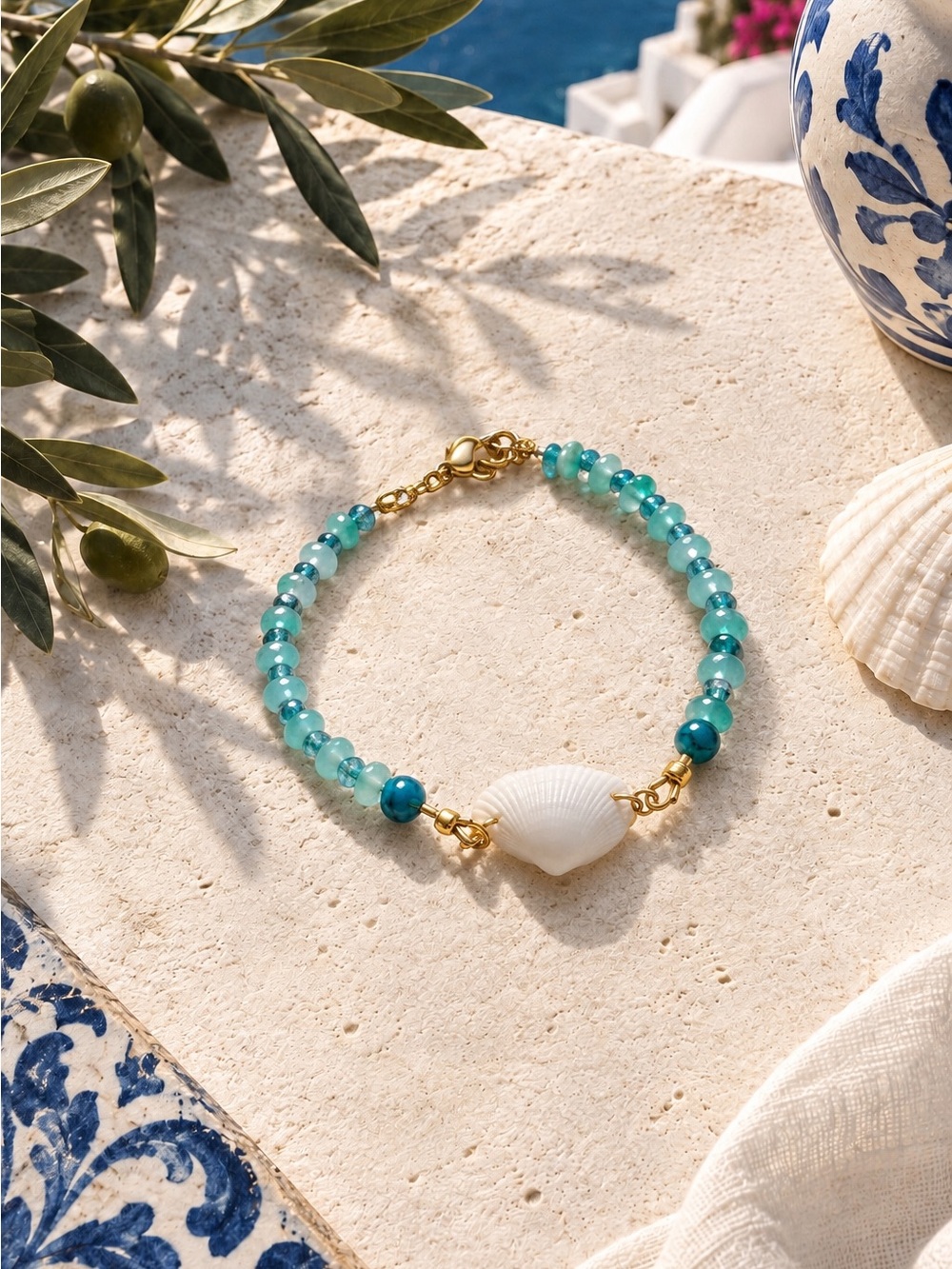 Gold and Turquoise Beaded Shell Bracelet - Women Jewelry